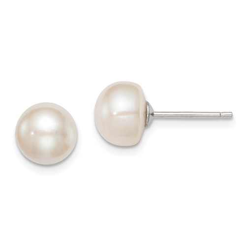 Sterling Silver 8mm White Freshwater Cultured Pearl Button Earrings