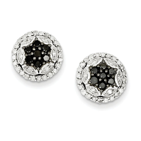 Sterling Silver 1 Ct Black and White Diamond Button Star Earrings