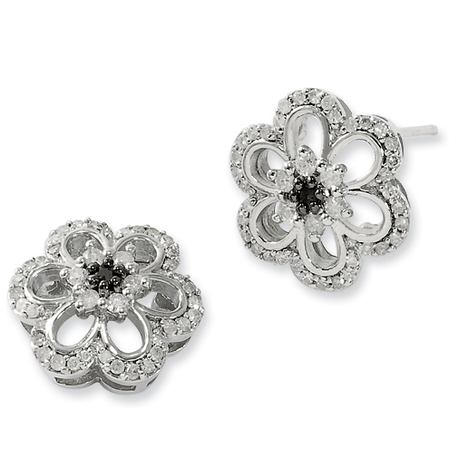 0.5 Ct Sterling Silver Black & White Diamond Flower Earrings