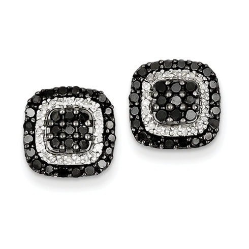 Sterling Silver 1 Ct Black and White Diamond Square Earrings
