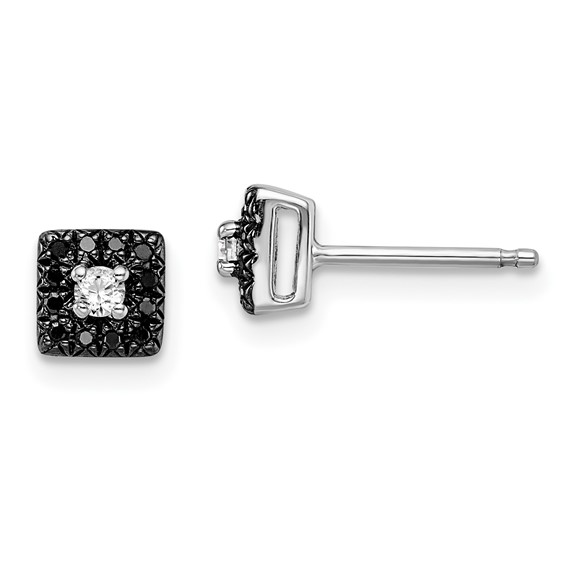 Sterling Silver 0.13 Ct Black and White Diamond Square Post Earrings