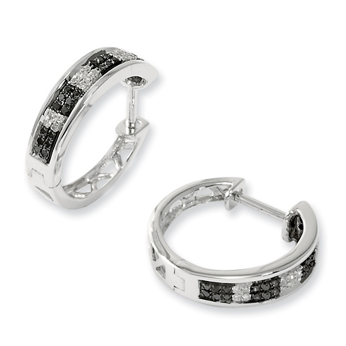 0.173 Ct Sterling Silver Black and White Diamond Hoop Earrings