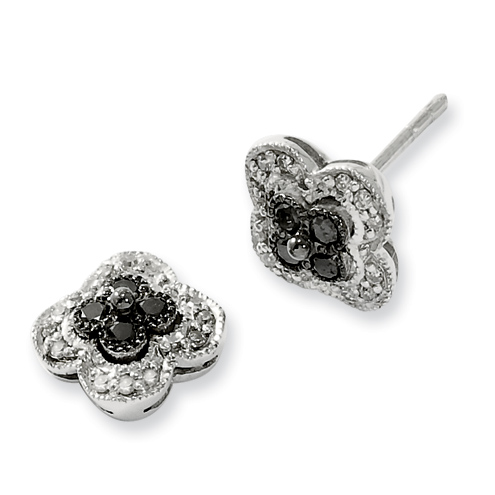 0.25 Ct Sterling Silver Black & White Diamond Flower Earrings