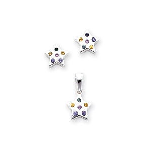 Sterling Silver Multi-colored CZ Star Earring & Pendant Set