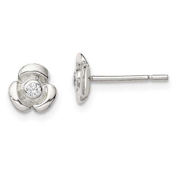 Sterling Silver Flower with CZ Post Earrings