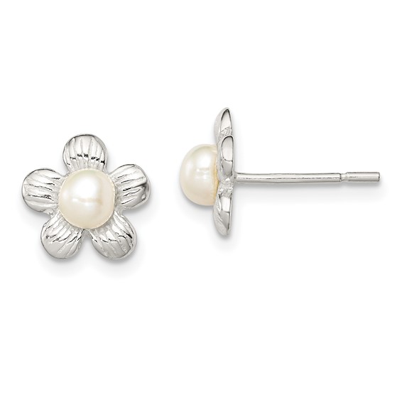 Sterling Silver Flower and Synthetic Pearl Post Earrings