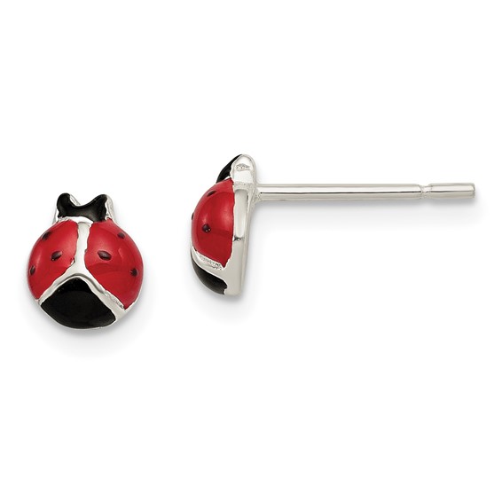 Sterling Silver Round Enamel Ladybug Post Earrings