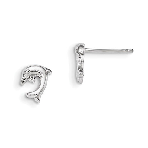 Sterling Silver Rhodium Plated 3/8in Dolphin Post Earrings