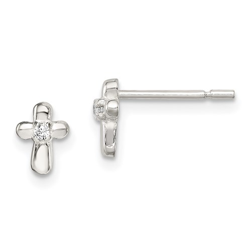 Sterling Silver 1/4in Cross with CZ Post Earrings