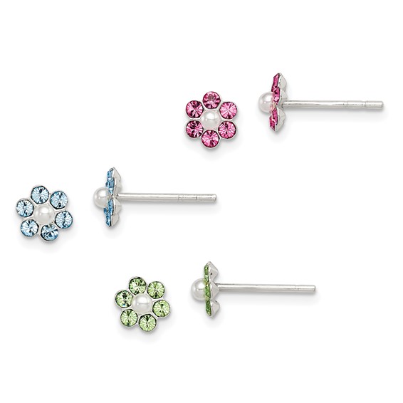 Sterling Silver Stellux Crystal Pearl Post Flower 3 Piece Set Earrings