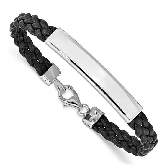 Sterling Silver Bar Black Braided Leather Bracelet 7in
