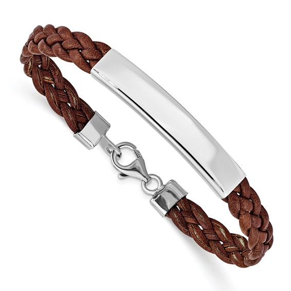 Sterling Silver Bar Brown Braided Leather Bracelet 7in