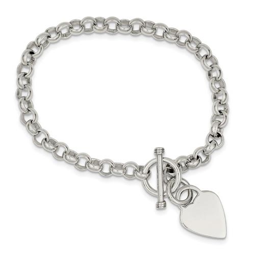 Sterling Silver Heart Rolo Link Toggle Bracelet 7.75in