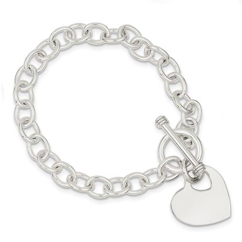 Sterling Silver Heart Link Toggle Bracelet Cut-out Heart Charm 8.75in