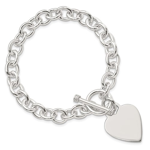 Sterling Silver Round Link Toggle Bracelet with Heart 7.75in