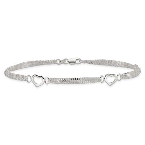 Sterling Silver 10in Multi-Strand Heart Anklet