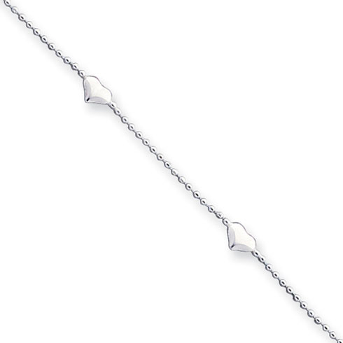 Sterling Silver 10in Puffed Heart Anklet