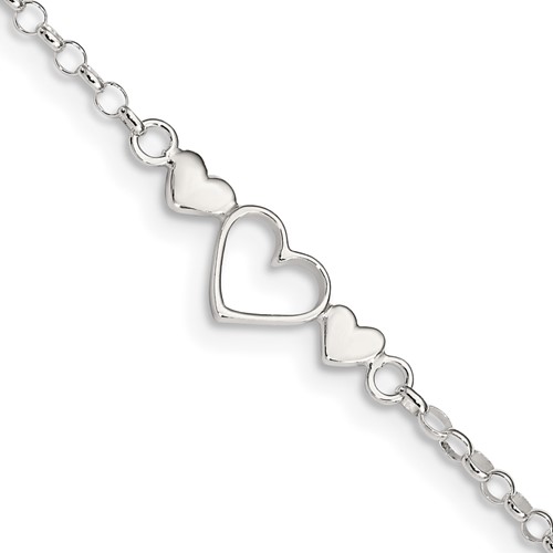 Sterling Silver 10in Triple Heart Anklet