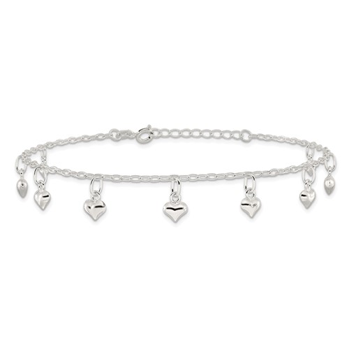 Sterling Silver 9in Puffed Heart Anklet