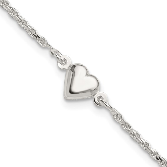 9in Sterling Silver Puffed Heart Anklet