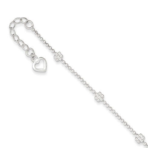 Sterling Silver 10in Beaded Flower Anklet