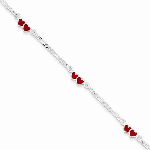 Sterling Silver 6in Red Enamel Double Heart Bracelet