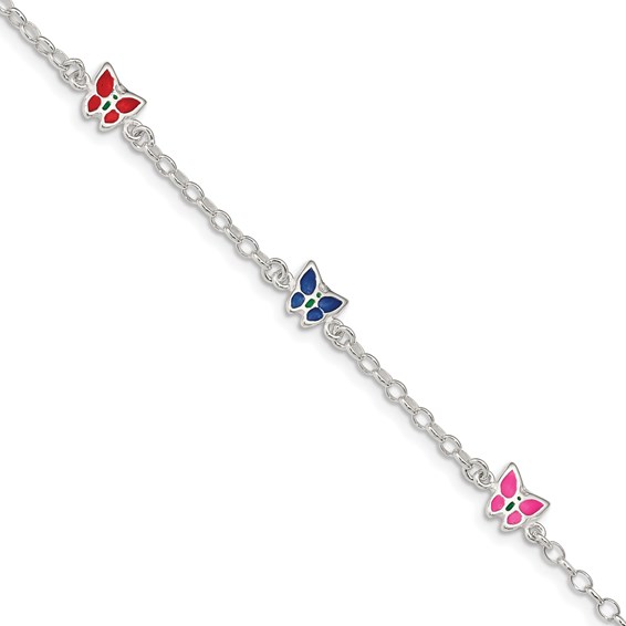 Sterling Silver 6in Enamel Butterfly Child's Bracelet
