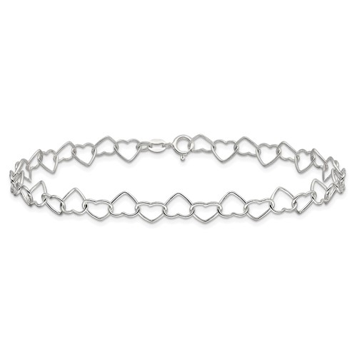 Sterling Silver 10in Italian Heart Link Anklet