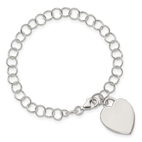 Sterling Silver 7.25in Heart Bracelet with Round Links