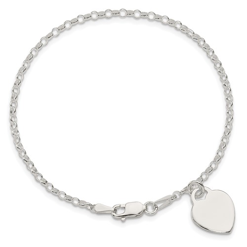 Sterling Silver Slender Charm Bracelet with Heart 7.25in