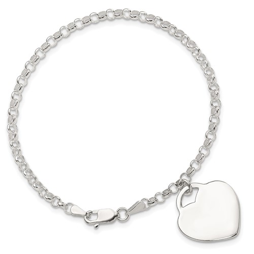 Sterling Silver Heart Charm Rolo Link Bracelet 7.25in
