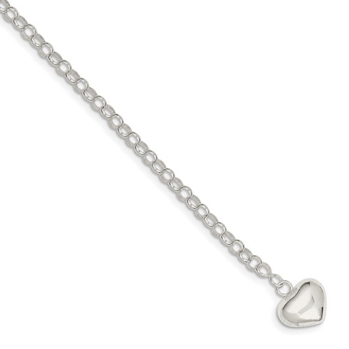 Sterling Silver Link Bracelet with Puffed Heart Charm 7in