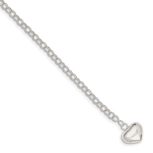 Sterling Silver Link Bracelet with Puffed Heart Charm 7in QG14737