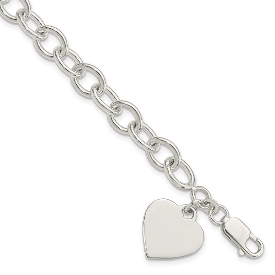 Sterling Silver Large Oval Link Bracelet with Heart Charm 7.25in