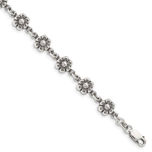 Sterling Silver Flower Charm Bracelet 7in