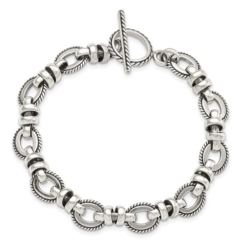 Sterling Silver Antiqued Fancy Link Toggle Bracelet 7.5in
