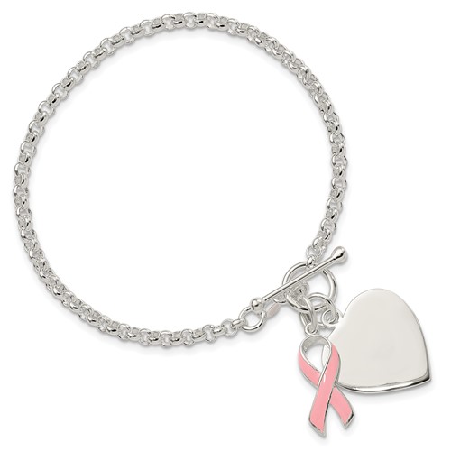 Sterling Silver Heart with Pink Ribbon Bracelet 7.5in - Breast Cancer Awareness