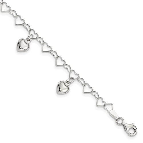 Sterling Silver 6in Dangling Heart Bracelet