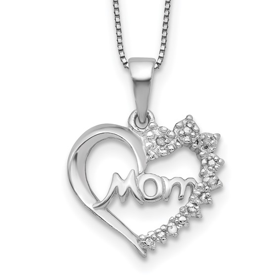 Sterling Silver Diamond Mom Heart Necklace 16in
