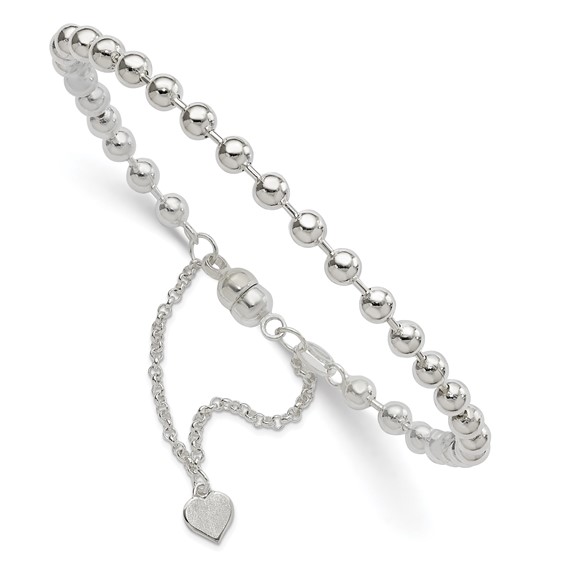 7 1/2in Sterling Silver Beaded Dangling Heart Magnetic Clasp Bracelet