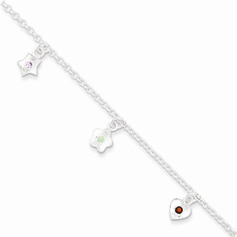 Sterling Silver 6in Gemstone Flower Star and Heart Childs Bracelet