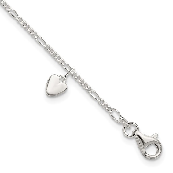 Sterling Silver Heart Anklet with Figaro Links 9in