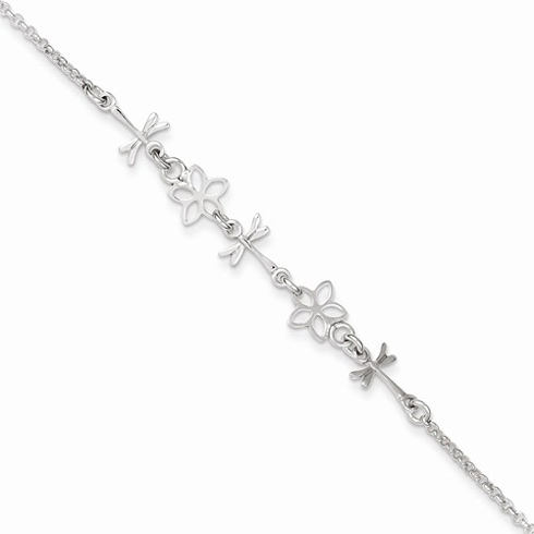 Sterling Silver 6in Polished Dragonfly and Flower Baby Bracelet