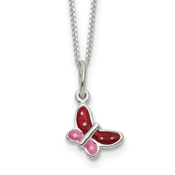 Sterling Silver 14in Red and Pink Enamel Butterfly Necklace