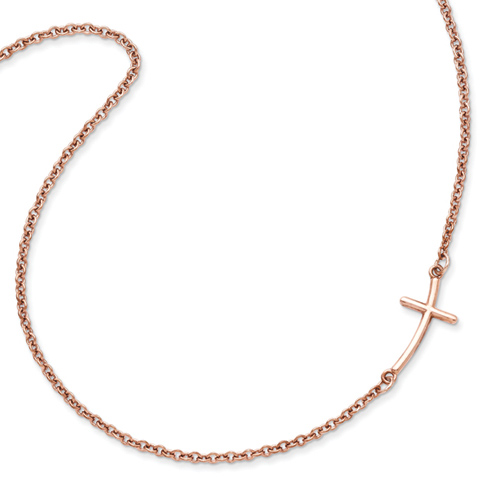 Rose Gold Plated Sterling Silver Curved Sideways Cross 18in Necklace