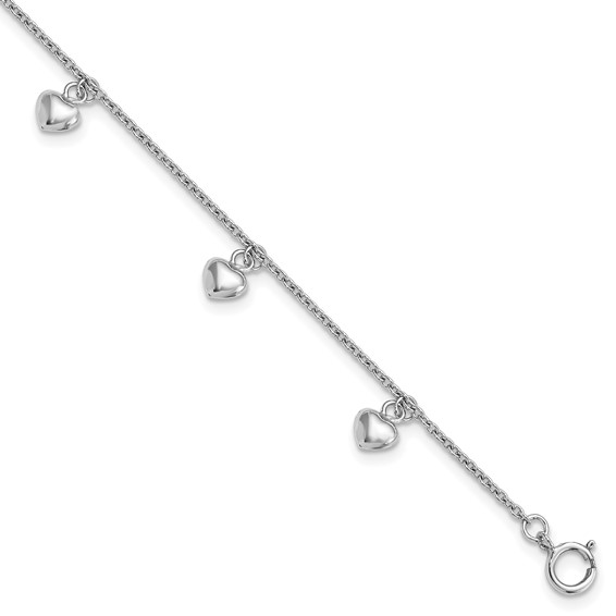 Rhodium-plated Sterling Silver 6in Child's Dangling Hearts Bracelet
