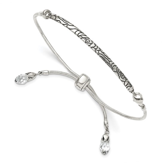 Sterling Silver Adjustable Antiqued Bar Swarovski Crystal Bracelet