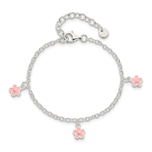 Sterling Silver 5 1/2in Pink Enamel Flower Kid's Bracelet