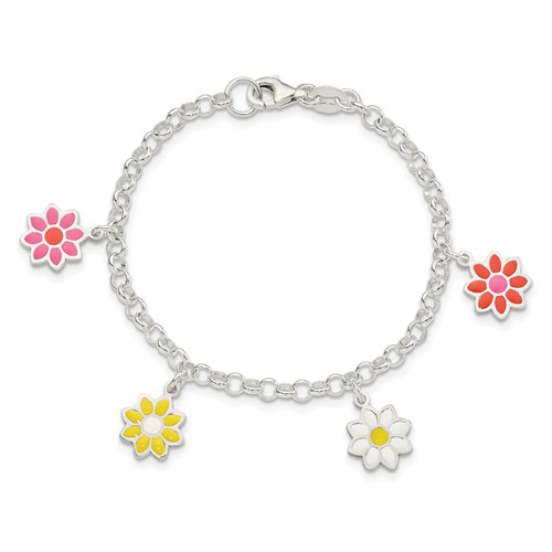 Sterling Silver 6in Multi-color Enamel Flowers Bracelet