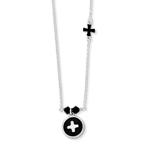 Sterling Silver Girls' Black Enamel and Swarovski Bead Cross Necklace